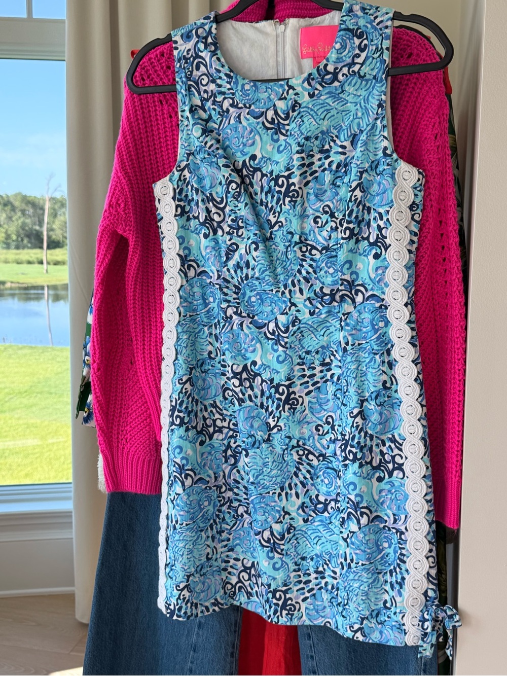 Lilly Pulitzer Blue Aqua Floral Sleeveless Shift Dress with White Lace Trim
